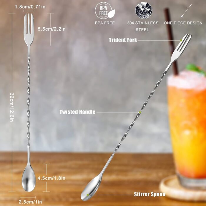 Набір барних ложок для коктейлів із нержавіючої сталі з спіральним стержнем, 32 см, 6 шт, сріблясті