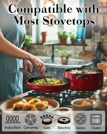 Cook N Home набір антипригарних сковорідок 3 шт, 20/25/28 см, мармурово-червоні, для індукційних плит