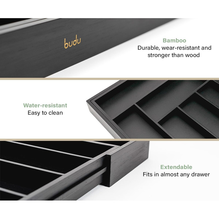 Органайзер для кухонних ящиків Besteckkasten #47 (глибина 47 см) з бамбука, чорний - висувний, система організації для столових приборів