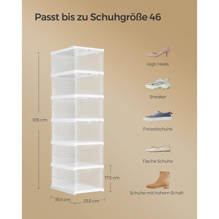 SONGMICS Shoe Cabinet Set, with 18 Shoe Boxes, Integrated Shoe Organizer, Foldable, Portable, for Shoes up to Size 46, 1-Minute Assembly, Transparent-Cloud White LSP207W01 (Transparent + Cloud White, 1)