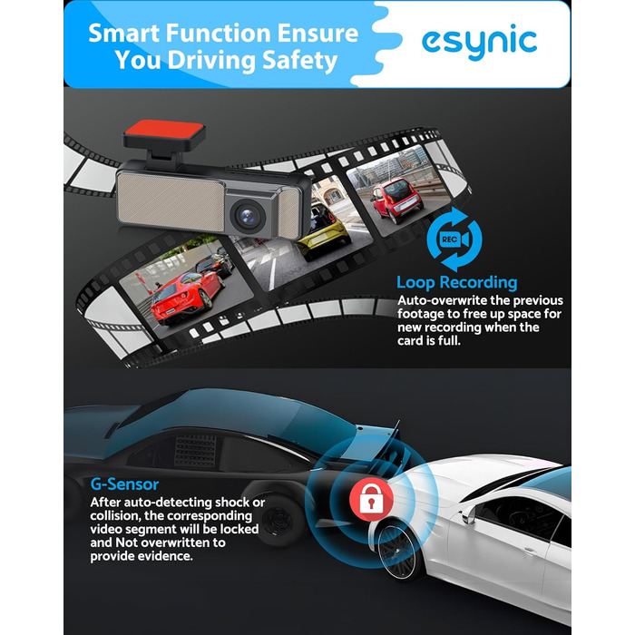 eSynic Mini Dashcam: Автомобільний відеореєстратор з Wi-Fi, 1080P Full HD, 160° Кут огляду, Нічне бачення, G-сенсор, Паркувальний режим, Керування через додаток, 32GB SD-карта в комплекті (Дві камери - передня та задня)