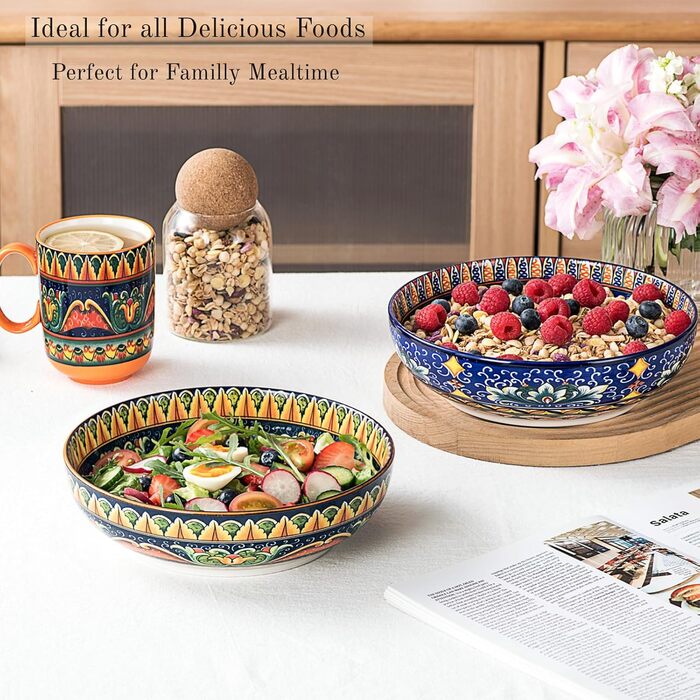 Набір тарілок Henten Home Mylo: 2 тарілки для супу та салатів, 1500 мл, бохо стиль (синьо-помаранчевий)