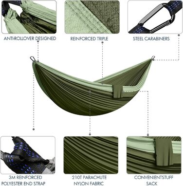 Гамак для відпочинку на природі та кемпінгу: двомісний, 300 x 200 см, ультралегкий, до 300 кг, нейлон, дихаючий, зелений