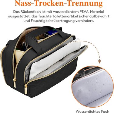 Жіноча дорожня косметичка Lifewit 5L, водовідштовхувальна косметичка з відділенням для мокрого одягу, органайзер для макіяжу, аксесуарів, шампуню та туалетних речей, чорна, M