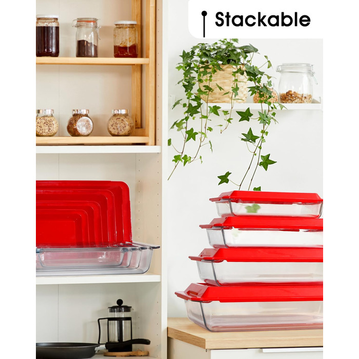Set of 4 Glass Casserole Dishes with Lids, 1+1.7+2.8+4.2L - Lasagna Dish for Oven (NOT THE LID), Rectangular, Glass Storage Containers with Plastic Lid Rectangular with Lid - 1+1.7+2.8+4.2L