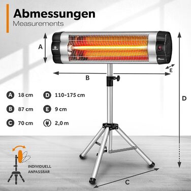 Інфрачервовий обігрівач TRESKO 2500W з пульт. дистанційного керування | 3 режими нагріву | Для тераси, дому та вулиці | Регульована висота (Срібний)