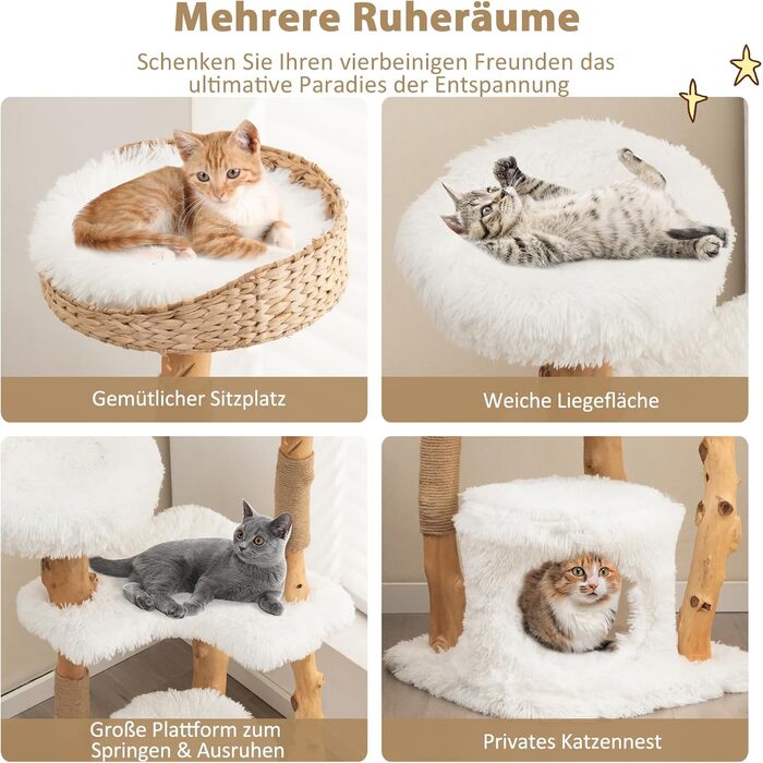 Дерев'яна кігтеточка SOARS для котів з 3 природними стовбурами, ліжком та плюшевими поверхнями, з іграшковим м'ячиком та джутовим мотузком, багатоповерхова, біла (124 см)