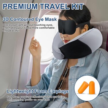 Подушка для шиї у літак з Memory Foam, набір: подушка, маска для сну та навушники (сіра)
