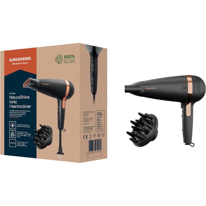 Фен GRUNDIG Naturashine HD 7081 з іонізацією, керамічним захистом, Cool Touch насадкою, 2100 Вт, 3 температурні та 2 режими повітряного потоку, холодна функція, знімний кабель, чорний / рожеве золото