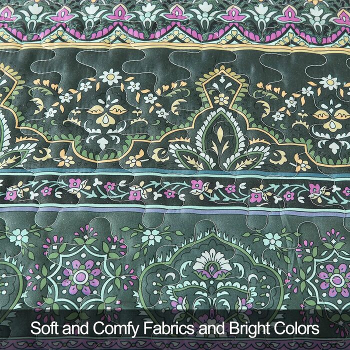 WONGS BEDDING Bedspread 220x240 Bed Throw Bohemian Quilt Steppdecke 3-Piece Double Bed Quilted Bedspread Microfiber Throw Blanket with 2 Pillowcases 50x70 for Bedroom as Sofa Throw (Bohemian) (200x220 cm, Dark Green)