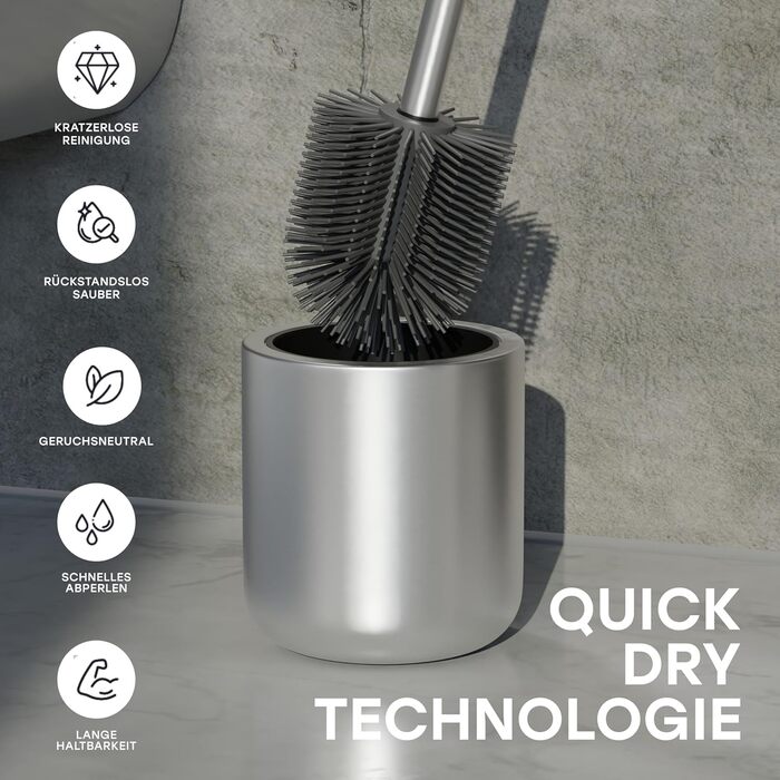 Набір для туалету SAVEGA: щітка для унітазу з нержавіючої сталі та силікону з підставкою, антибактеріальна головка, WC-газетниця, сріблястий колір