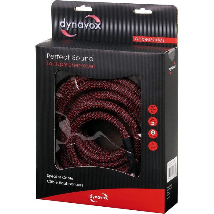 Акустичний кабель Dynavox Perfect Sound High-End з банановими роз'ємами, гнучкий, чорний/червоний, 2 x 5 м