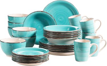 MÄSER 931614 Bel Tempo II 30-piece Vintage Dinnerware Set for 6 People, Hand-painted Ceramic Combination Service in Turquoise, Stoneware
