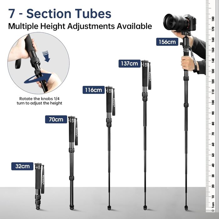 Монопод для камери Manbily A-888, 32-156 см, алюміній, 7 секцій, для DSLR/смартфона, монопод для фото та відео