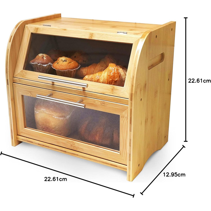 Бамбуковий хлібний ящик Arise з вентиляцією, 2 полиці та вікно, для хліба, бургерів, сендвічів. 40 x 26 x 37 см