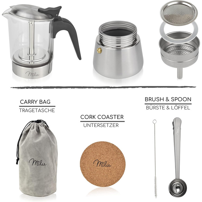 Milu Espresso Maker Induction Compatible | 4, 6 Cups | Stainless Steel Glass Moka Pot, Espresso Pot, Espresso Maker Set including coaster, spoon, brush (4 cups 200ml) Glass 4 cups (200ml)