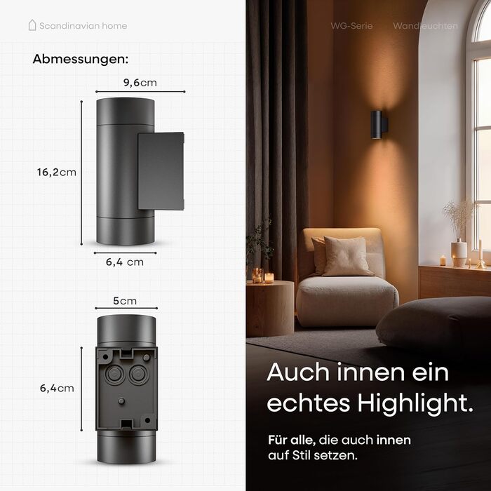 LED-стінна лампа для дому в скандинавському стилі, Aussen & Innen, регулювання яскравості, IP65, 230V, 6W, тепле біле світло 3000K, 700lm, зовнішня лампа на стіну, зовнішня лампа, внутрішня лампа, зовнішнє освітлення фасаду, настінна лампа (серія Wg, Антр