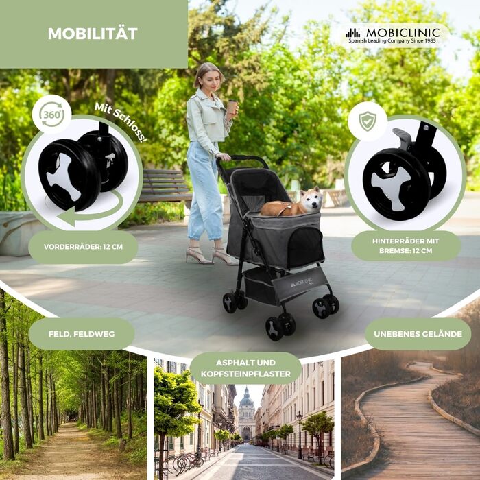 Mobiclinic® Pet Folding Dog Cart - 15kg Capacity, Small Dogs, Zuma Wheels with Brakes, XXL Storage Basket, 3 Zipper Windows & Mosquito Net, Cup Holder, Grey