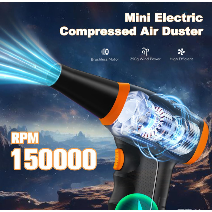 Електричний пилосос-фен WHATOOK Mini: 3 швидкості, 150000 обертів/хв, акумулятор 8000mAh, LED, для чищення ноутбука, клавіатури, авто