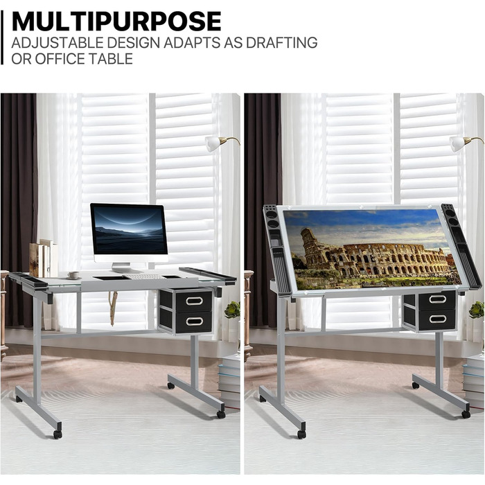 Adjustable Art Desk with Storage - Tiltable Drafting Table with Wheels - Multi-Purpose Craft Station