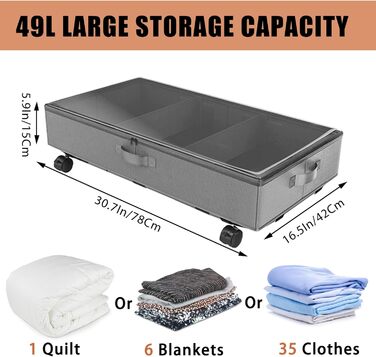 Короб для зберігання під ліжком 49л, 2 шт. з кришкою та роликами, сірий