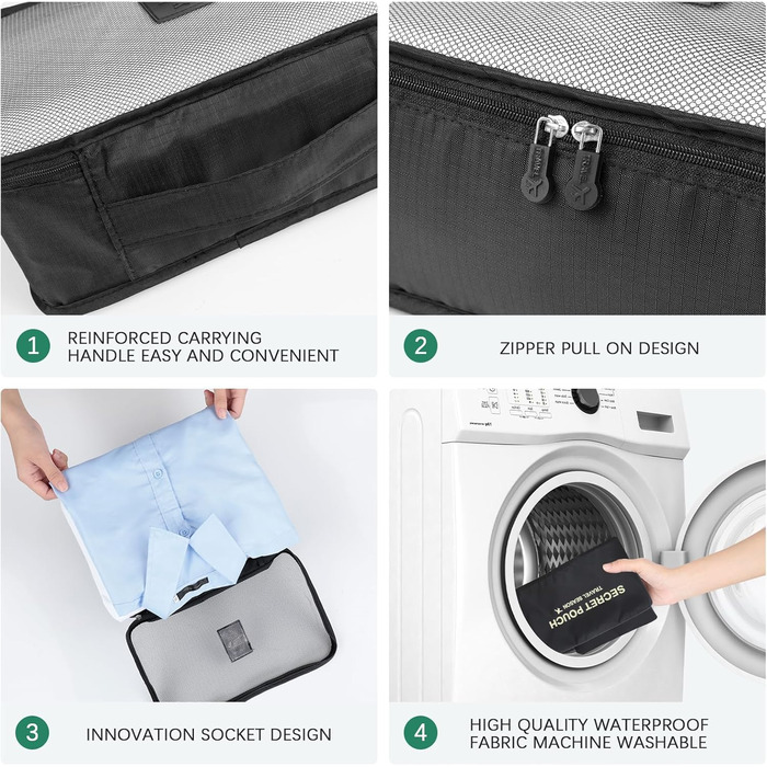 Органайзер для валізи AiQInu, набір 7 шт: кубики для пакування, органайзери для подорожей, сумочки для одягу та взуття (Чорний)