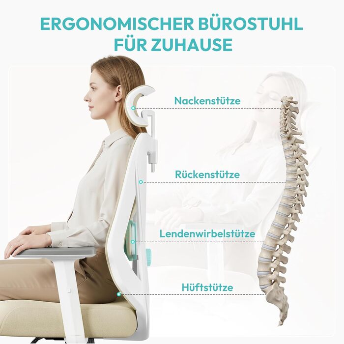 Офісне крісло Yaheetech ергономічне з регульованою підголівником, підлокітниками та поперековою підтримкою, поворотне, з функцією відкидання спинки до 130°, регульована висота (Бежевий)