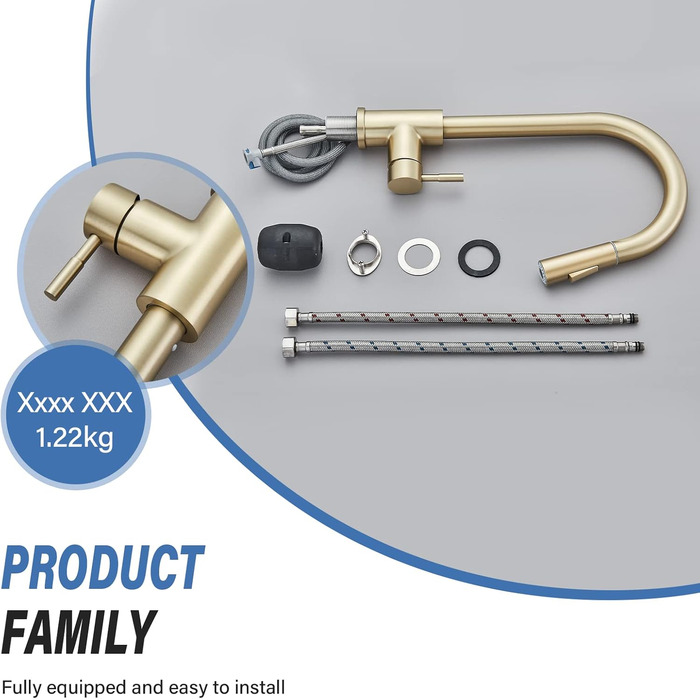 Знімна кухонна змішувач з 2 функціями, золото, 360° поворот, для кухонної мийки, однорідний змішувач, холодна та тепла вода, золотий матовий