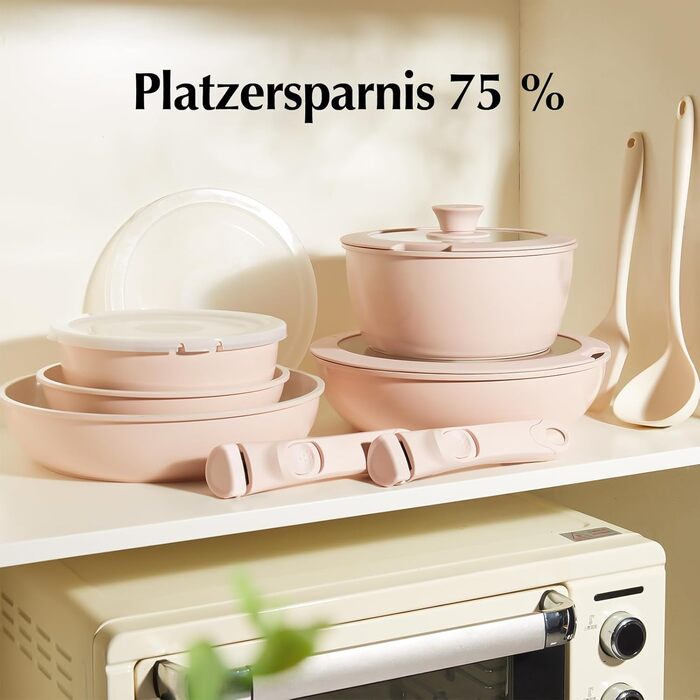 Набір посуду Redchef 16 предметів з антипригарним покриттям Ceramic, знімні ручки. Включає: сковороду 20/26 см, глибоку сковороду 26 см, каструлі 18/20 см. Підходить для всіх типів плит, духовка, можна складати. Колір: бежевий/рожевий