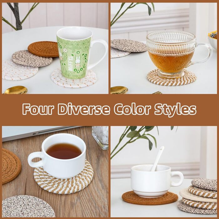 Absorbent Coasters for Drinks – Boho Coaster Set for Coffee Table – Stylish Natural Material, Home Decor, Colorful Cup Coasters with Holder, 10.9 inches, Light Coffee