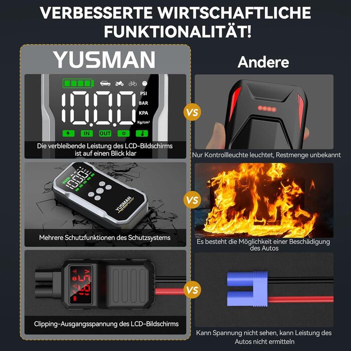 Powerbank Starthilfe F03: Портативний стартер для авто з компресором та повітряним насосом | 6000A, 7L, 150PSI, LCD, LED