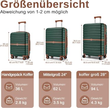 Чемодан KONO Reisekoffer Trolley 3-частинний з ABS+PC, жорсткий, з подвійними колесами та кодовим замком (великий 76 см, темно-зелений/коричневий)