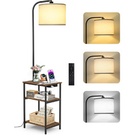 Стійка лампа для вітальні з поличкою та столом, регульована LED лампа з пультом, 3 колірні температури, приліжний столик з функцією зарядки та полицею, дерев'яний столик для спальні, офісу, коричневий в стилі рустік