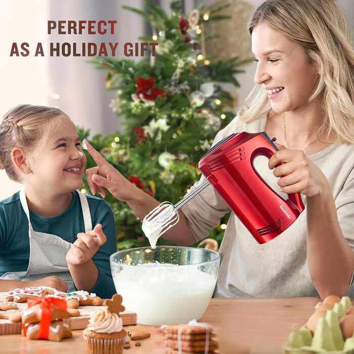 Ручний міксер 350 Вт, 5 швидкостей, з нержавіючої сталі (віночок та гак для тіста), ергономічна ручка, довгий кабель, BPA-free – Білий KS1 S1 Білий (Ретро-червоний)