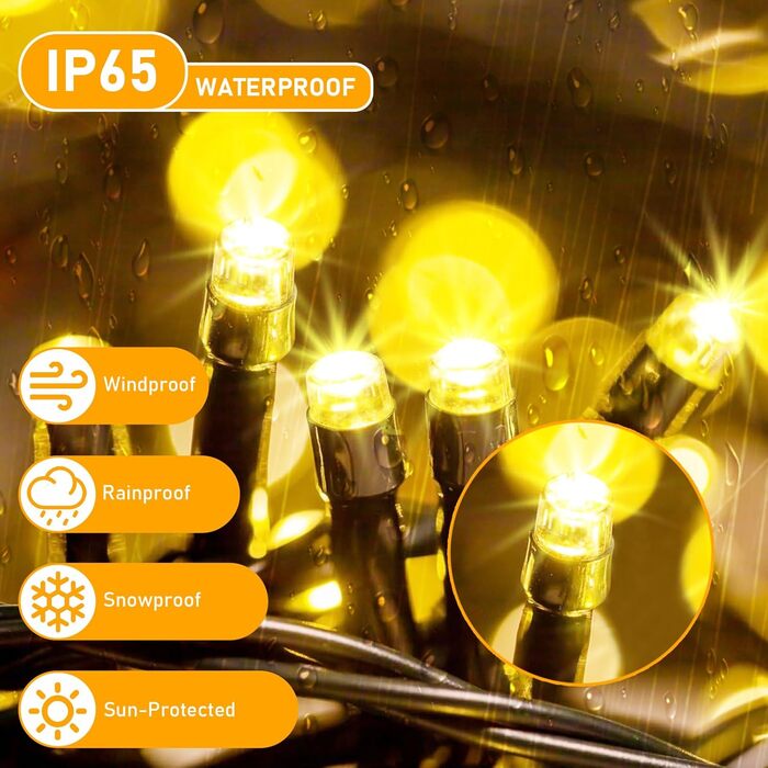 LED ліхтарна гірлянда для дому та на вулицю, 100 LED, з пульт дистанційного керування, таймер, водонепроникність IP65, тепле світло, 65 м