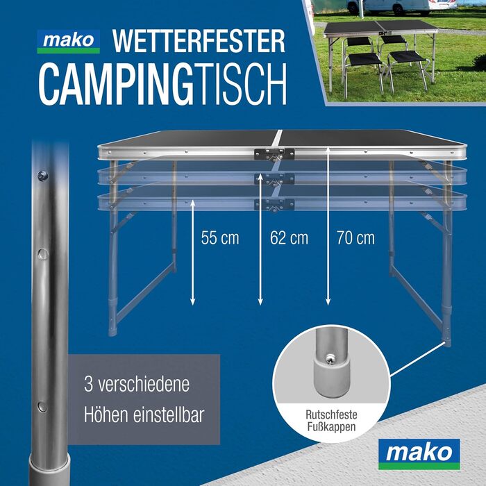 Складаний кемпінговий стіл з алюмінієвою рамою та стільницею МДФ 120x60x70 см + 4 стільці - для пікніка, дачі, відпочинку на природі