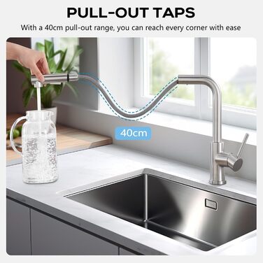 Кухонний змішувач висувний BONADE з душем, 360° поворот, змішувач для кухні з 2 струменями, з нержавіючої сталі, однорідний