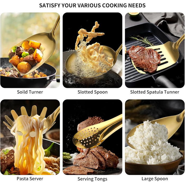 Набір кухонного інвентарю з нержавіючої сталі 304, 12 предметів: лопатки, шумівки, ложки, щипці, лопаточки, вінчики, кухонні щипці (безпечно мити в посудомийній машині) (сріблястий, золотий)