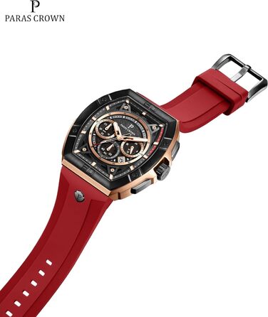 Чоловічий годинник-хронограф на кварцовому механізмі з японським годинниковим механізмом, 5ATM, корпус з нержавіючої сталі, тонка форма корпусу (Tonneau), силіконовий ремінець (рожево-червоний)