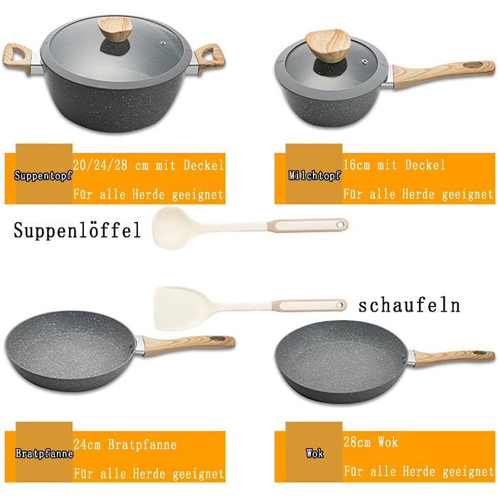 Набір каструль та сковорідок для індукційної плити: 12-ти частинний набір з гранітним антипригарним покриттям, без PFOA та PFOS, ідеальний для початківців та професійних кухарів (чорний)