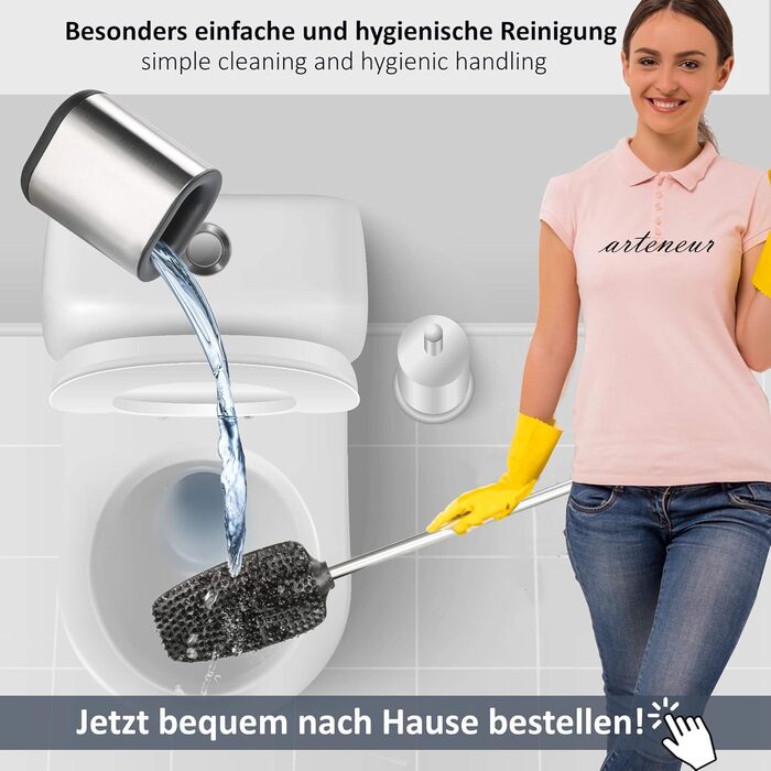 Силіконова щітка для унітазу 3-в-1 з тримачем та кріпленням на стіну, довга ручка з нержавіючої сталі, гігієнічна з ламелями та скребком - набір для ванної кімнати та гостьового туалету, нержавіюча сталь, срібло