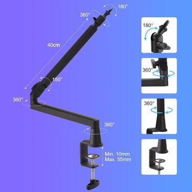 Мікрофонний важіль низькопрофільний з подовженням 15 см, регульований металевий важіль, кабель-менеджмент, чорний