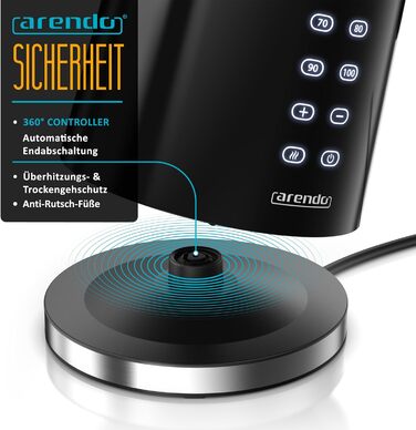 Електричний чайник Arendo з регулюванням температури, нержавіюча сталь, подвійні стінки Cool Touch, дисплей, бездротовий, 2200 Вт, 1,7 л, захист від перегріву, функція підтримання тепла, чорний