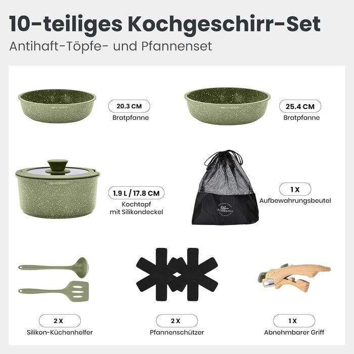 Набір посуду Dishdelight з антипригарним гранітним покриттям та знімними ручками, індукційні каструлі та сковороди з кришками, зелений колір