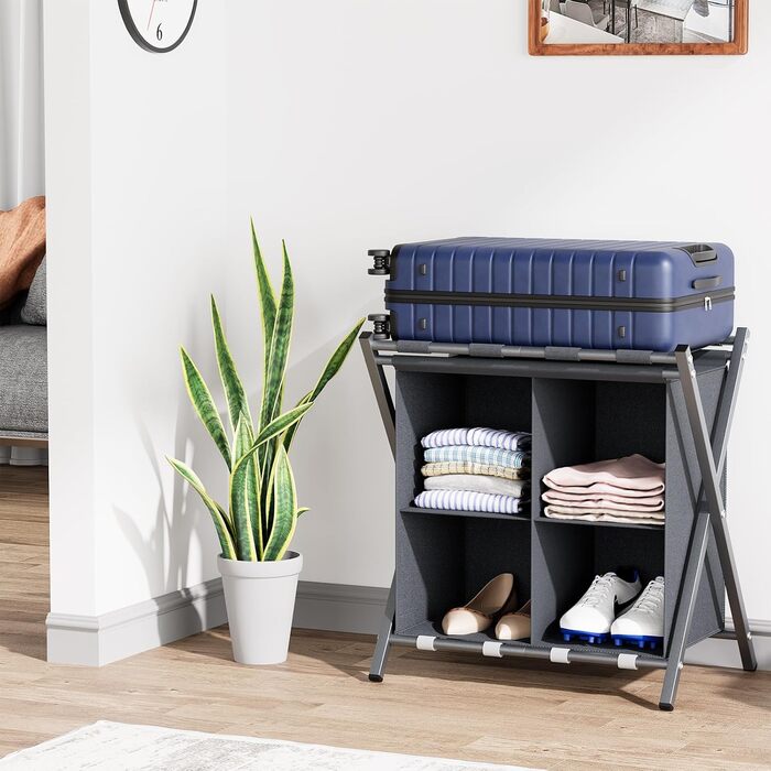aboxoo 2-Pack Luggage Rack with Storage Space, Guest Room, Folding, Holds up to 54.4 kg, Space-Saving Suitcase Racks for Guest Rooms, Bedrooms, Hotels, Black (Gray, 2 Pieces)