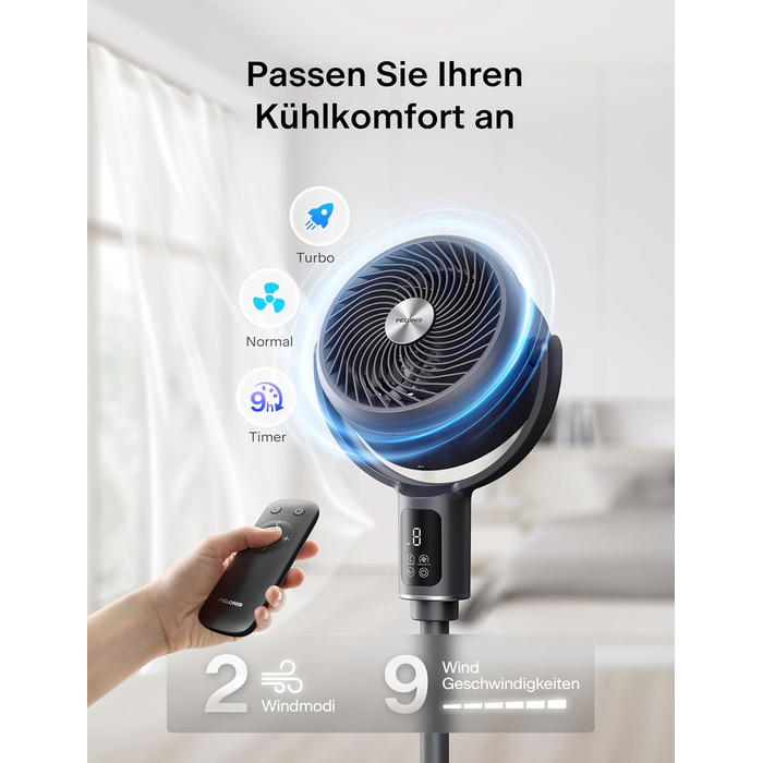 Вентилятор PELONIS з пультом керування: тихий, 9 швидкостей, таймер 9 годин, регульована висота, осциляція 135°/100°, енергозберігаючий для спальні/вітальні