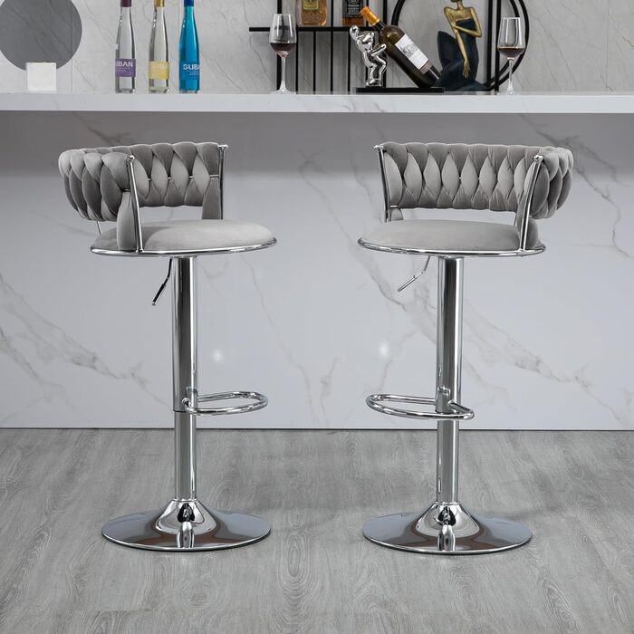 Adjustable Velvet Bar Stools 2-Pack with Backrest & Armrests - Ergonomic Swivel Bar Stools with Handwoven Velvet & Gold Legs for Kitchen Island, Bar, Restaurant - Includes Footrest (Silver, Grey)