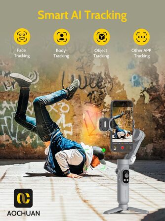 Стабілізатор для смартфона AOCHUAN з 3 осями, для iPhone 16/15 Pro та Android, з розпізнаванням обличчя, 1/4