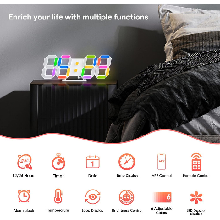 EDUP HOME 3D LED Alarm Clock Digital, 9.7 Inch 7 Colors Silent Snooze USB 12/24 Hour Date Temperature with RGB, APP Control and Remote Control Clock for Bedroom/Living Room/Office