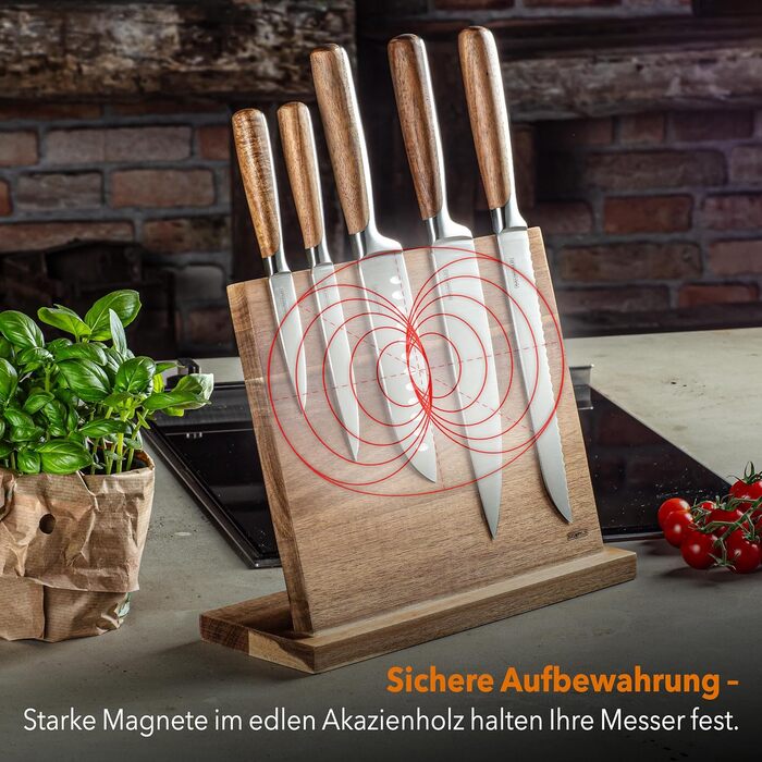 Baumfeld 6-Piece Knife Block Set - Premium Stainless Steel Kitchen Knives with Acacia Wood Magnetic Block - Professional Chef Knife Set